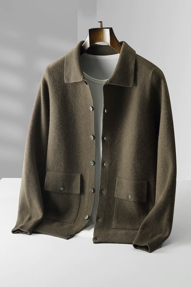 Men's Polo Collar Solid Color Wool Cardigan