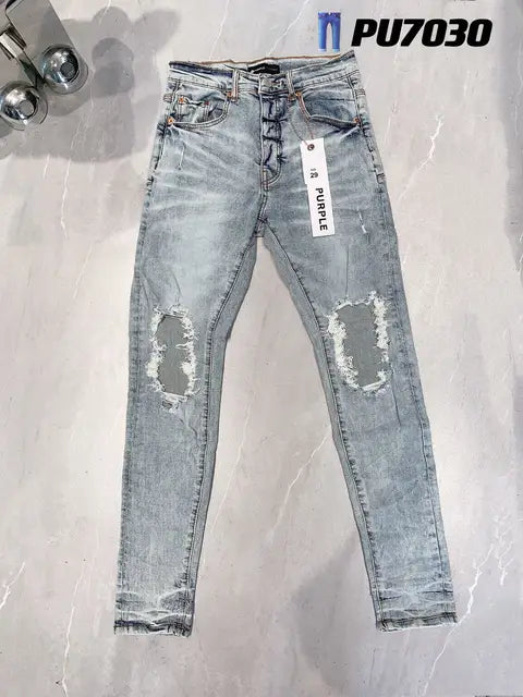 Men's Striped Ripped Denim Jeans