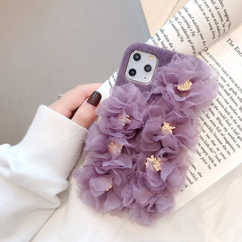 3D Lace Flower Furry Phone Case Cover for iPhone Models