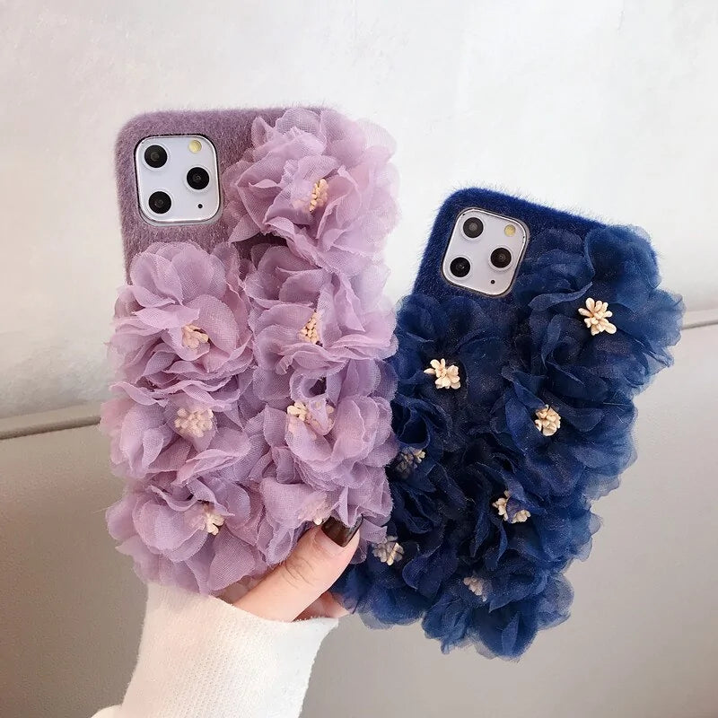 3D Lace Flower Furry Phone Case Cover for iPhone Models