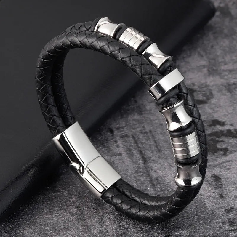 Stainless Steel Leather Braided Bracelet